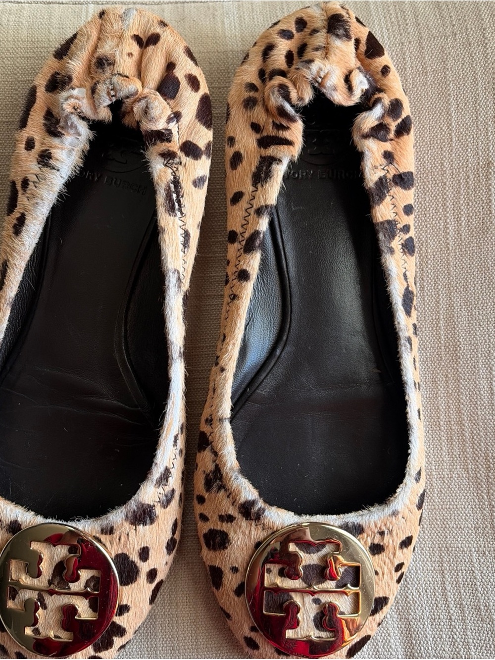 Tory Burch Leopard Haircalf Reva Ballet Flats - Tan & Black